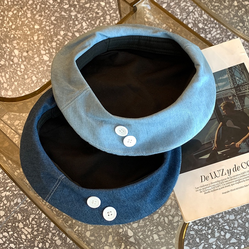 Mũ Beret Denim Phối Nút Phong Cách Thời Trang Hàn Quốc Cho Nữ