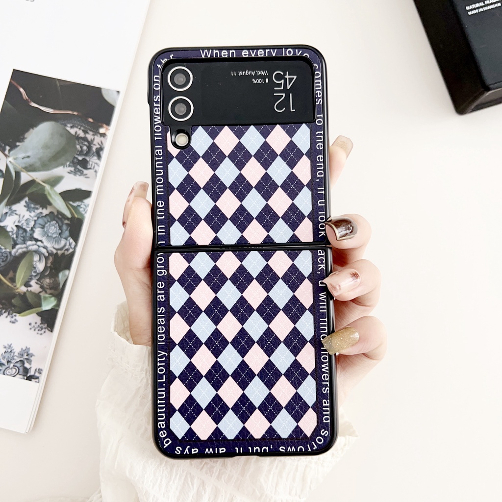 Ốp Điện Thoại Pc Cứng + Da PU Họa Tiết Kẻ Ô Màu Xanh Dương Đậm Chống Sốc Cho Samsung Galaxy Z Flip 3 / 4 / 5