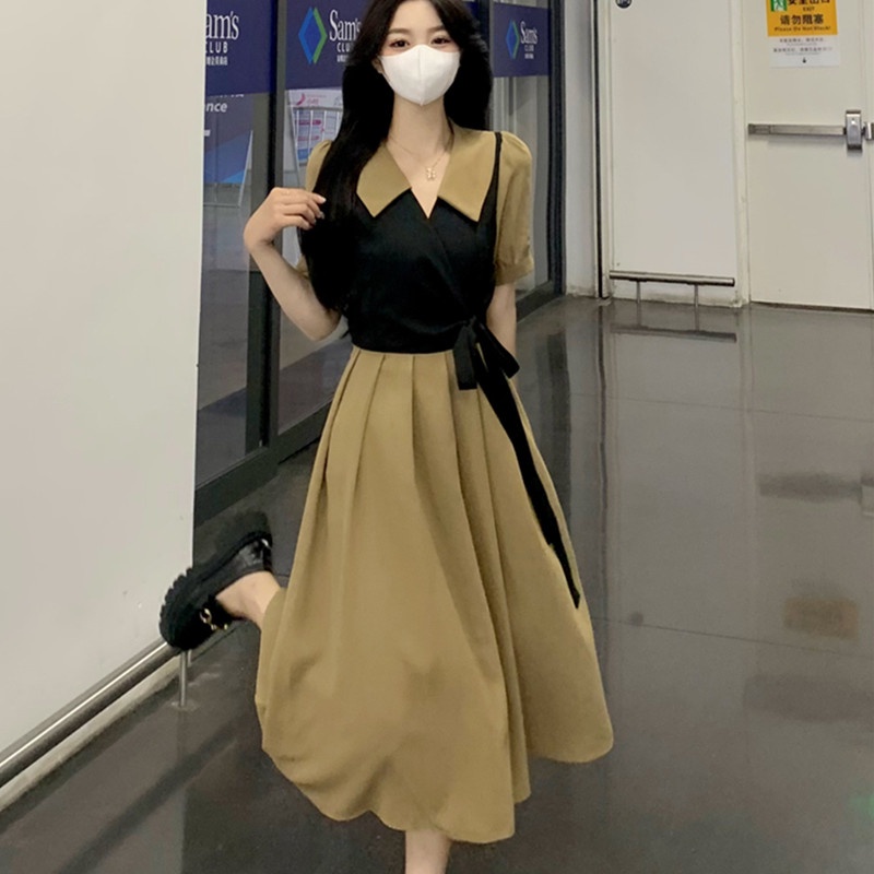 Đầm midi Mùa Hè Dáng Chữ A Màu Nâu Cổ Điển Phong Cách Hàn Quốc Thanh Lịch Có Dây Buộc Hàng Ngày Cho Thanh Thiếu Niên