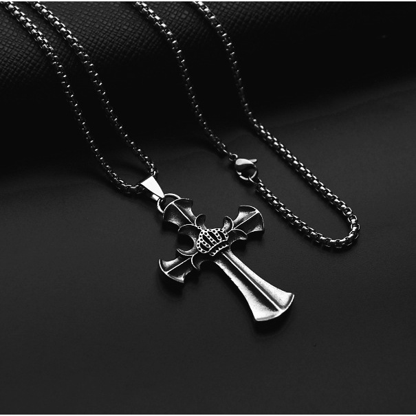 Vòng cổ Bằng Thép Không Gỉ Mặt Thánh Giá Màu Đen Than Thời Trang Cho Nam