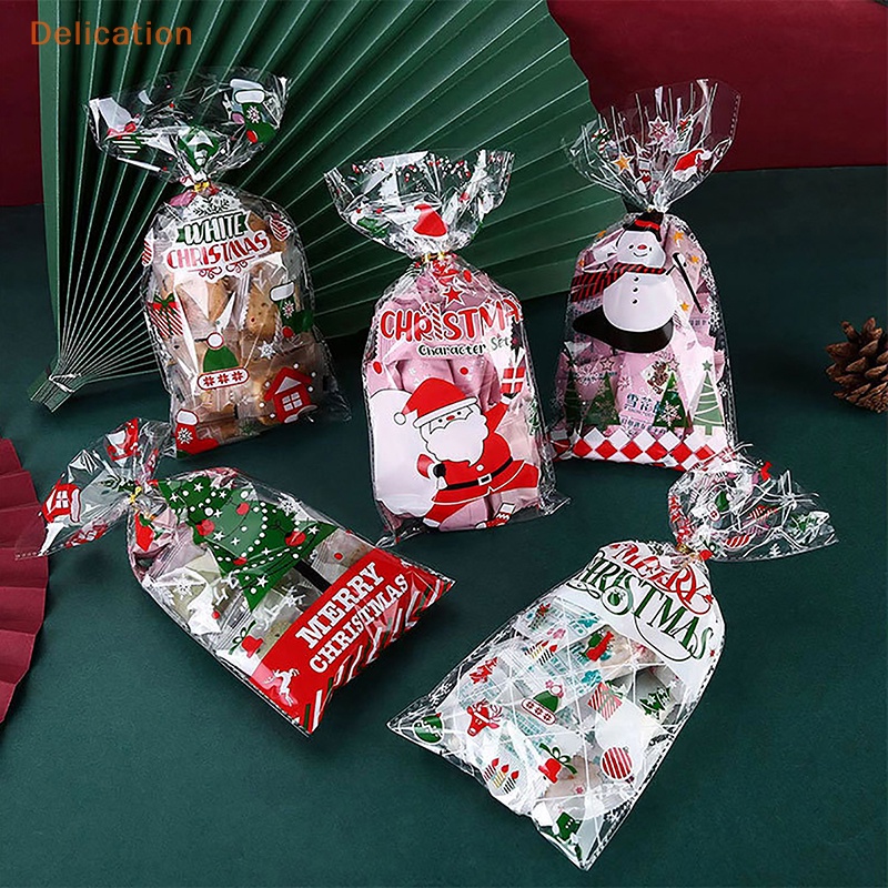 Bộ 50 túi gói kẹo/ bánh quy ELEBUY bằng nhựa trong suốt có dây buộc ruy băng làm quà tặng Giáng sinh
