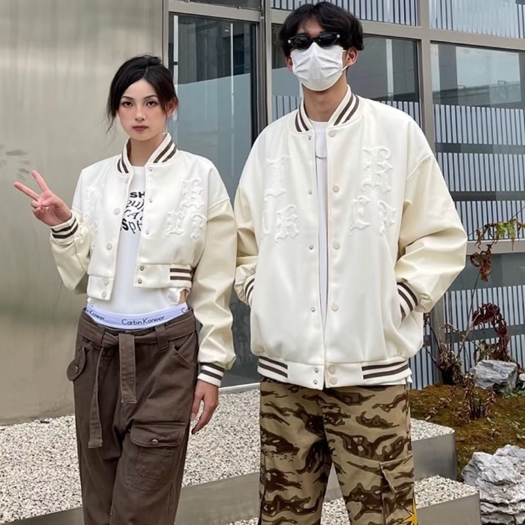 Áo khoác cặp Áo Khoác Bóng Chày Bằng Da Thêu Chữ Phong Cách Retro Mỹ