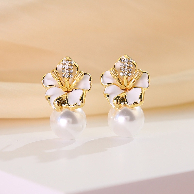 Khuyên Tai Cao Cấp Hình Hoa Đính Đá Ngọc Trai Phong Cách Hàn Quốc Nhật Bản