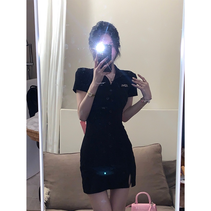 Váy Nữ Đen Dáng Chữ a Cổ polo Phối Nơ Thời Trang Mùa Hè