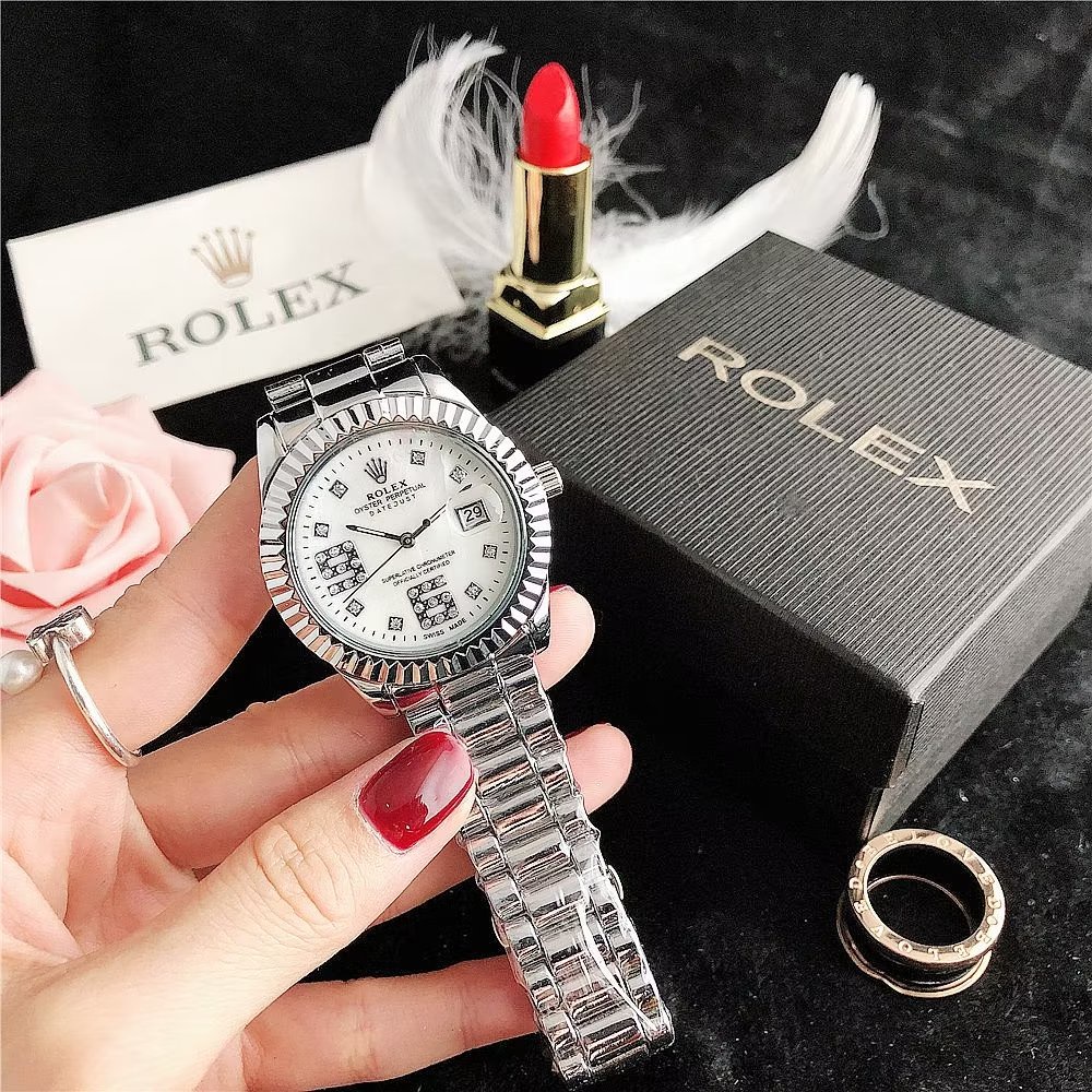 Đồng Hồ Rolex Mặt Tròn Đính Kim Cương Dây Da Thép Không Gỉ Thời Trang Cho Cặp Đôi