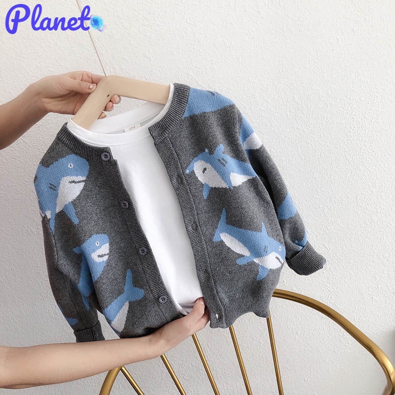 Planet Áo Khoác cardigan Dệt Kim In Hình Cá Mập Dễ Thương Cho Bé