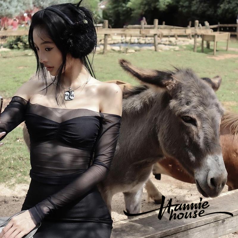 Áo Kiểu Tay Dài Trễ Vai Phối Lưới Thời Trang Cho Nữ