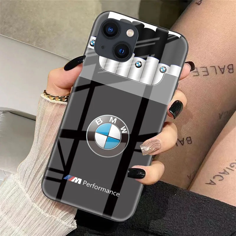 Ốp Điện Thoại Mặt Kính Chống Trầy Hình BMW Cho iPhone 14 Pro Max Case 13 12 Mini 11 15 Plus X XR XS