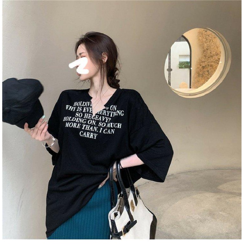 New large size Long short-sleeved T-shirt for girls loose plump MM knitted top letter printed V-neck slim fit meat tide T
