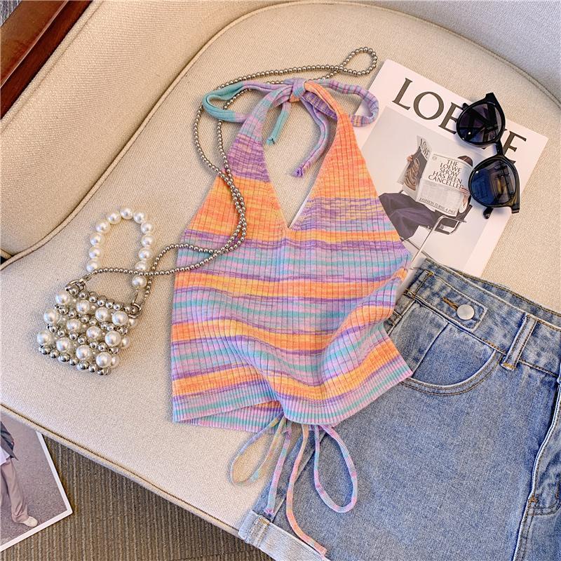 Áo Hai Dây Dệt Kim Họa Tiết Kẻ Sọc Thời Trang Mùa Hè Quyến Rũ Cho Nữ