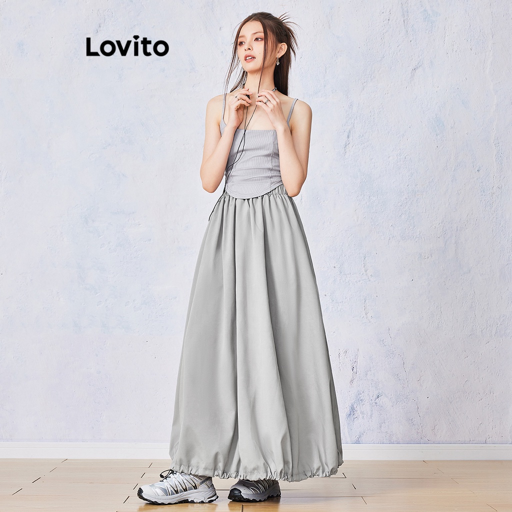Bộ chân váy LOVITO viền kiểu cách trước dài sau ngắn màu trơn thường ngày cho nữ L55AD073