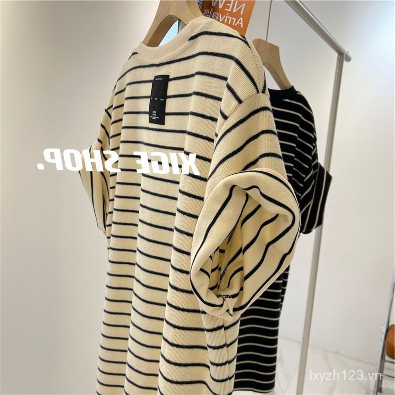 Áo Thun Ngắn Tay Dáng Rộng Họa Tiết Kẻ Sọc Thời Trang Mùa Hè Phong Cách Retro Mới Cho Nữ