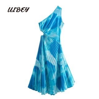 Uibey thời trang một vai chéo cổ áo thắt lưng nhuộm in váy uốn cong 4743