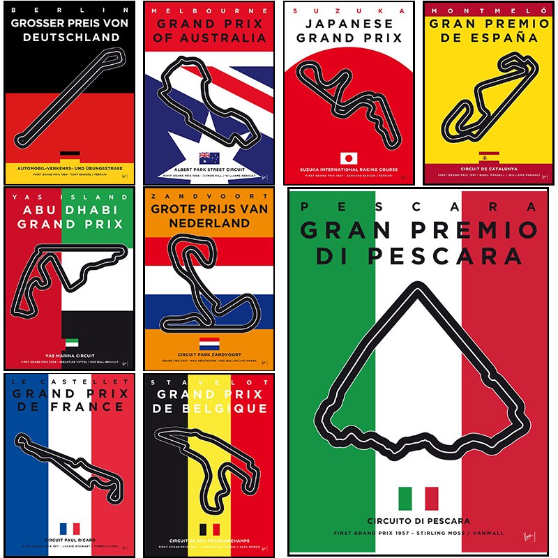 Vintage Racing Track Formula 1 Poster - F1 Competition Cars In Canvas Tranh - Lý Tưởng Cho Câu Lạc B