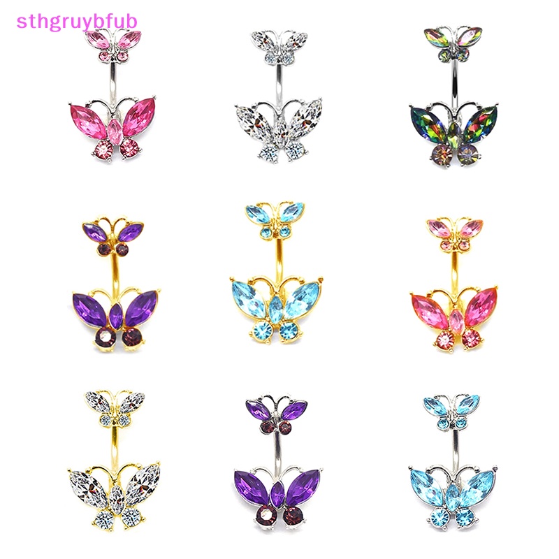 Sthb sáng bóng đôi bướm thủy tinh nút thắt lưng xu hướng vòng rốn tinh tế vòng bụng vòng trang sức rốn quà tặng vn