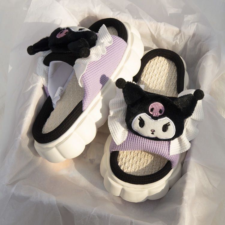 Sanrio Kulomi Linen Dép đi trong nhà của phụ nữ Mềm mại dày Đáy không trơn trượt Phim hoạt hình dễ thương Dép đi trong nhà dành cho phụ nữ