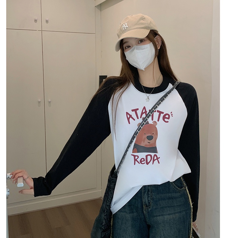 100% cotton 2023 hàn quốc thu đông mới vai in ghép nối dài tay t-shirt nữ hàng đầu