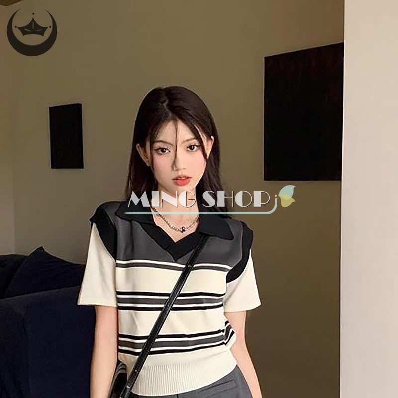 Ming mùa hè retro sọc dệt kim t-shirt phụ nữ hàn quốc preppy ve áo ngắn tay crop top th