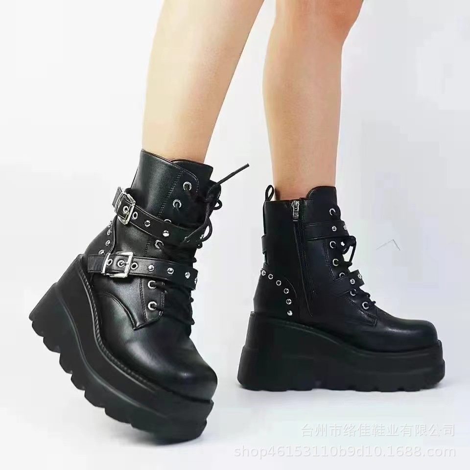 Gót nêm martin boots phụ nữ phong cách mới dày-chữa âu mỹ kích thước lớn ngoại thương thời trang boots ngắn phụ nữ hot