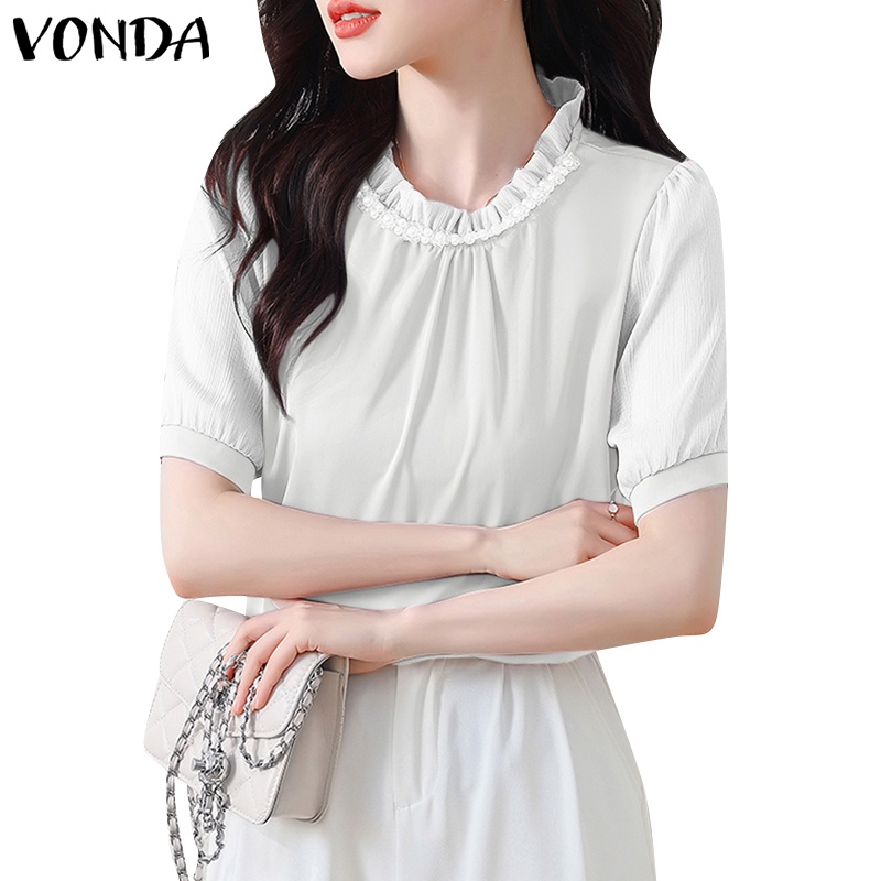 Vonda phụ nữ hàn quốc cổ đứng màu rắn tay áo ngắn đính cườm áo sơ mi