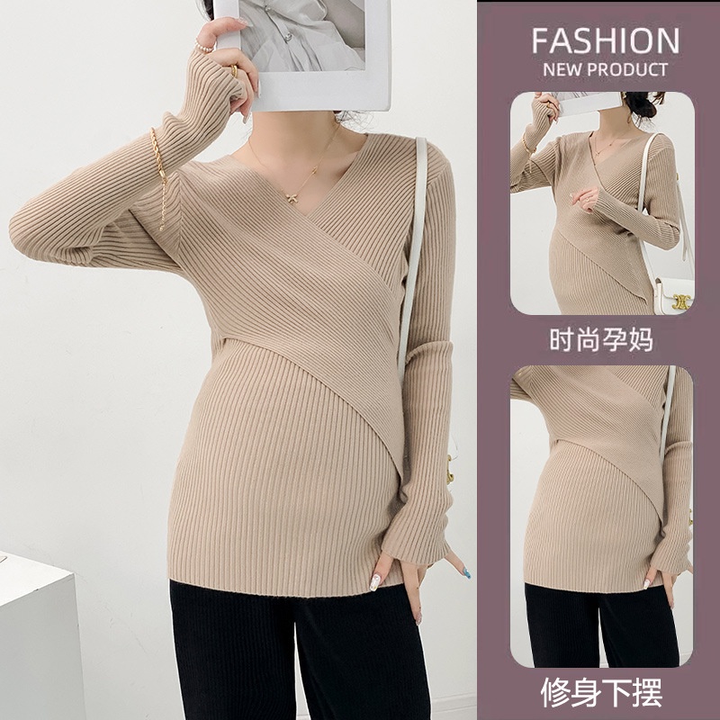 Thai sản mùa xuân thu quần áo chéo cho con bú áo len mỏng-vừa vặn màu áo len đơn giản phong cách giản dị mùa thu cơ sở thai sản mồ hôi