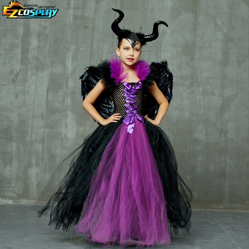Disney maleficent costume dress halloween girls fancy christening black glam gownprom kids cosplay demon queen quần áo phù thủy