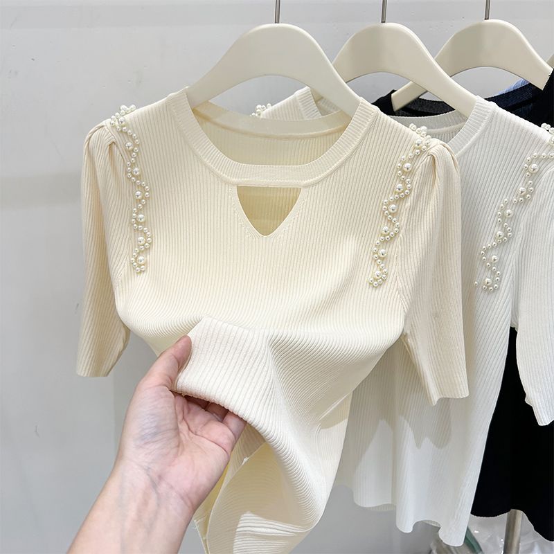 Hollow ice silk knitted t-shirt thin size lớn short-sleeved french top z4r6