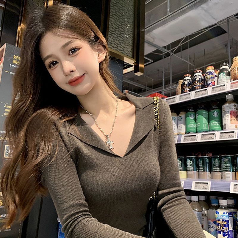Mùa thu dài tay t-shirt polo cổ áo dệt kim đáy áo sơ mi phụ nữ hàng đầu