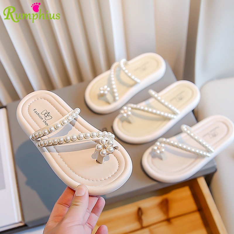 Rumphius pearl flowers wear outside flip-flop for girls fashion thoải mái anti-slippery soft sole kids shoes size 26-37