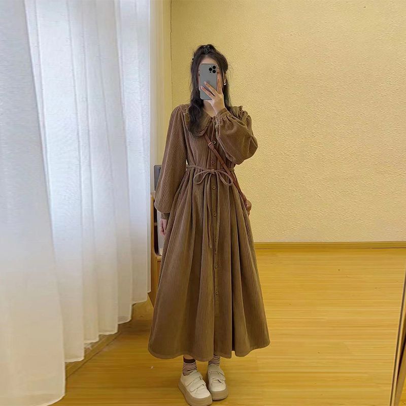 Đầm Tay Dài Cổ Búp Bê Phong Cách mori Hàn Quốc Dáng Rộng Lưng Hẹp Cho Nữ @ -