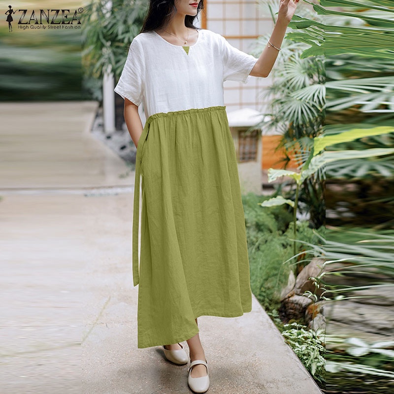 Đầm nữ ZANZEA tay ngắn cổ tròn có túi thời trang