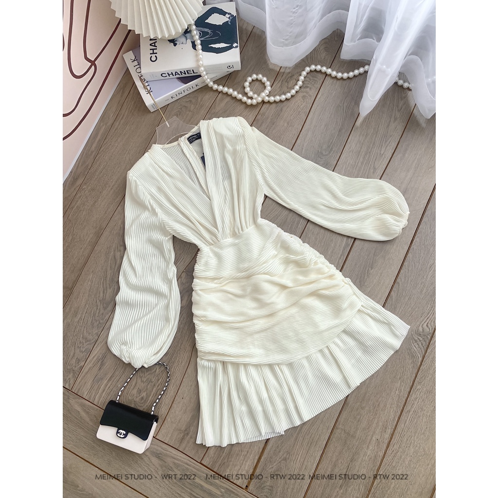 Đầm midi 90s dập ly - Dáng xòe cổ chéo dài tay - Mặc đi chơi, đi dự tiệc | XKV57 | Meimei Studio