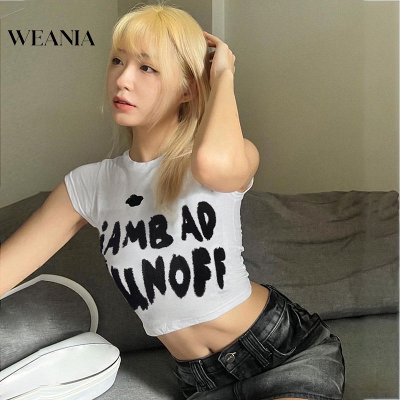 Áo Thun Cotton Croptop Tay Ngắn In Chữ Phong Cách Hàn Quốc Cho Nữ