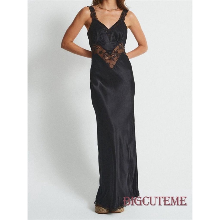 [] - Đầm Dài Satin Không Tay Cổ Chữ V Hở Lưng Phối Ren Ôm Dáng Đi Tiệc Màu Trắng / Đen Cho Nữ