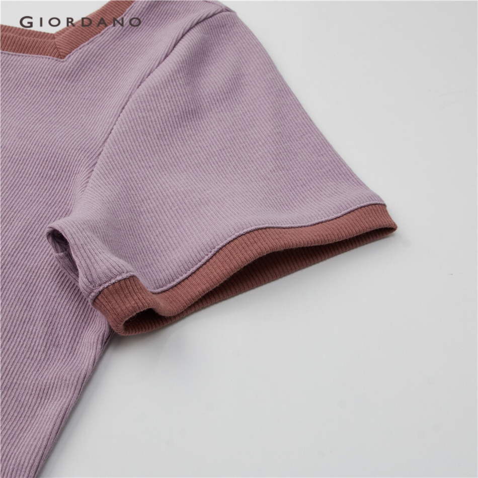 GIORDANO WOMEN Contrast color square neck slim short sleeve tee 05323422