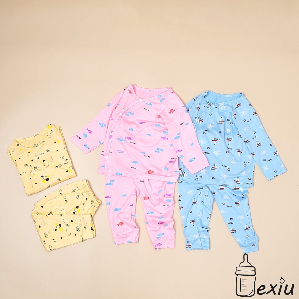 Bộ đồ cài lệch tay dài in rơi Bexiu - Quần Áo Trẻ Sơ Sinh  Vải Cotton Lạnh Cao Cấp Cho Bé Trai Và Gái Từ 4-9 kg