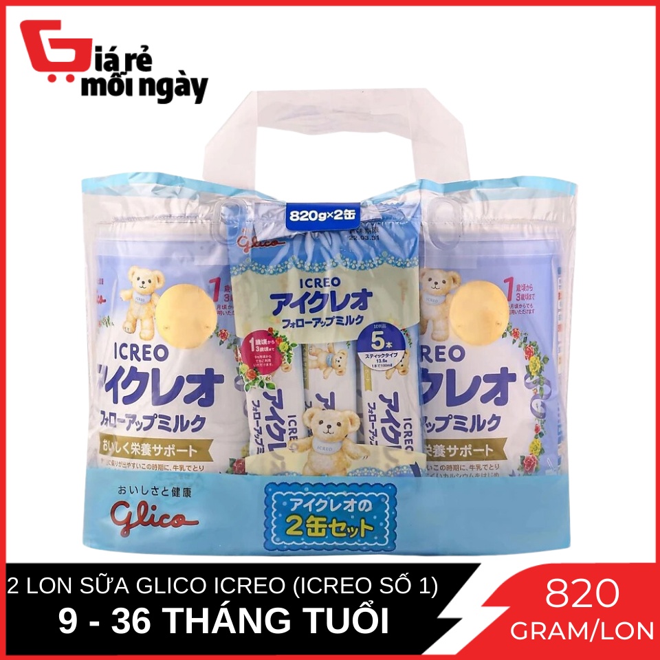 Combo 2 Lon Sữa Glico Icreo Follow Up Milk (Icreo Số 1) Dinh Dưỡng Cho Bé Từ 9 đến 36 Tháng - 820g/lon Kèm 5 Thanh Sữa