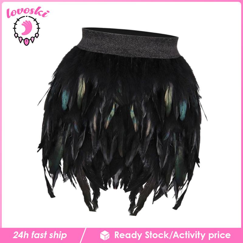 Chân Váy Mini Lưng Vừa Phối Lông Vũ Phong Cách Halloween Cho Nữ