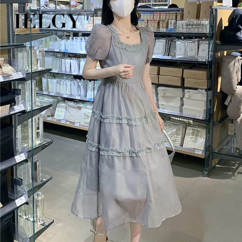 IELGY   Đầm Eo Cao Phối Ren Mỏng Màu Trơn Phong Cách IELGY    mori Dành Cho Nữ