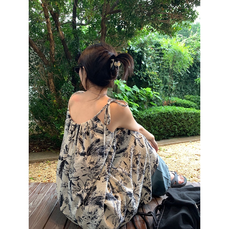 Jiashucheng Niche Đầm Hai Dây Dài Đến Giữa Bắp Chân Dáng Rộng In Mực Retro Cho Nữ