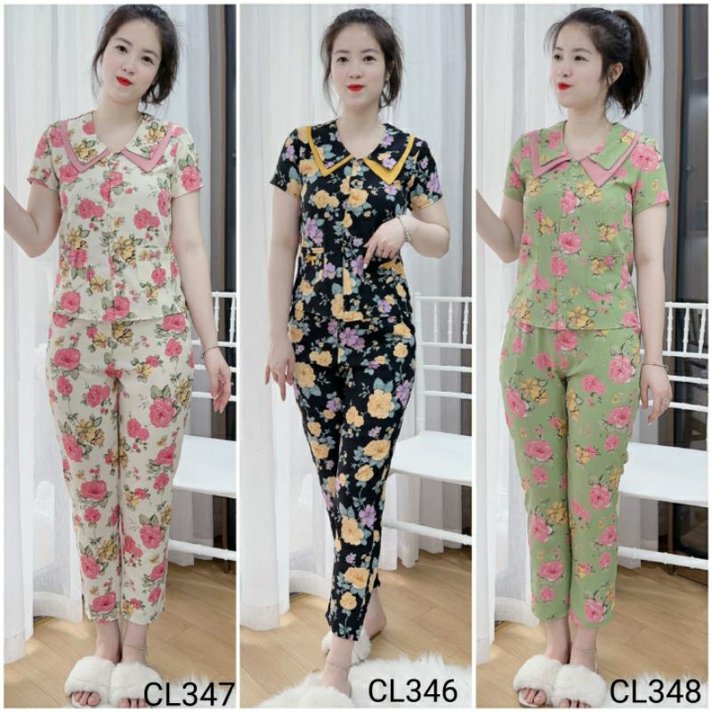 đồ mặc nhà chất liệu lụa mềm má, quần áo nữ họa tiết đẹp, mẫu cổ kép tay cộc quần dài
