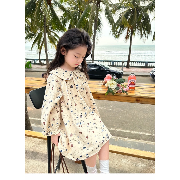 Hàng Có Sẵn Đầm Cotton Nguyên Chất Tay Dài Cổ Búp Bê In Hoa Thời Trang Hàn Quốc Ngọt Ngào Cho Bé Gái