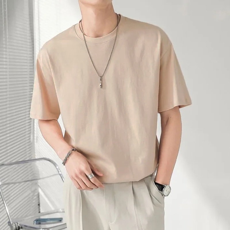 INCERUN Áo Thun Tay Ngắn Cổ Tròn Màu Trơn