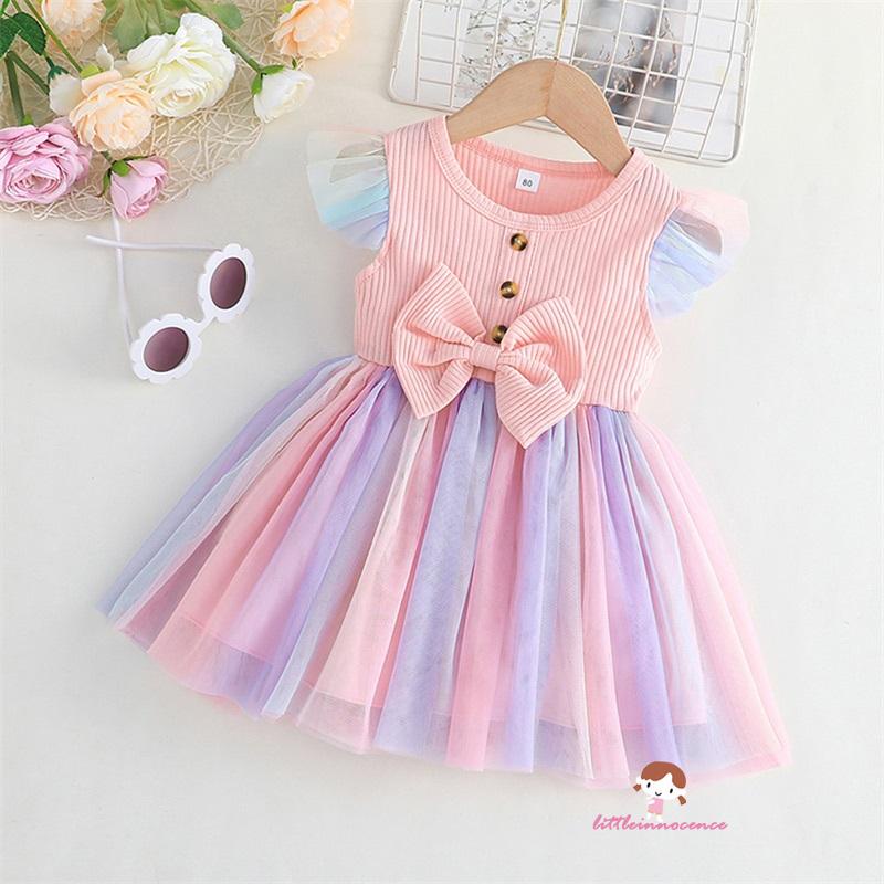 Đầm Công Chúa Dáng Chữ A Phối Lưới Tay Bay Thắt Nơ Màu Cầu Vồng Thời Trang Mùa Hè Cho Bé Gái