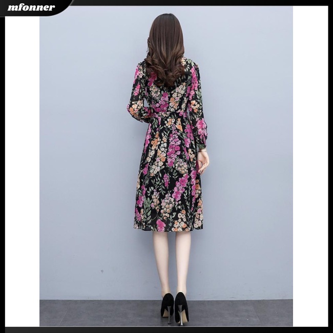 Đầm Midi Tay Dài Cổ Tròn Cột Dây Họa Tiết Hoa Thiết Kế Thoáng Khí Siêu Nhẹ Thời Trang Cho Nữ