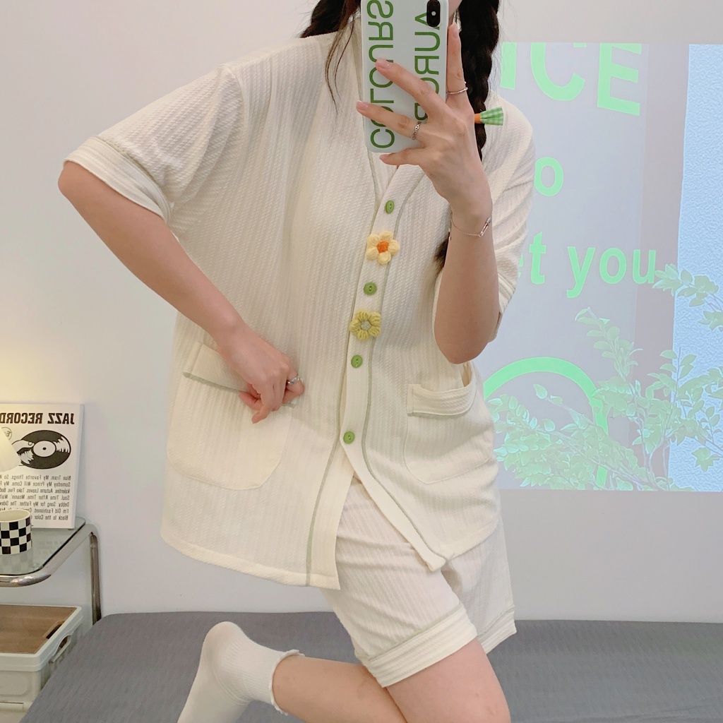 Bộ Đồ Ngủ Vải cotton Ngắn Tay Cổ Chữ V In Hoa Màu Xanh Lá Thời Trang Mùa Hè Mới