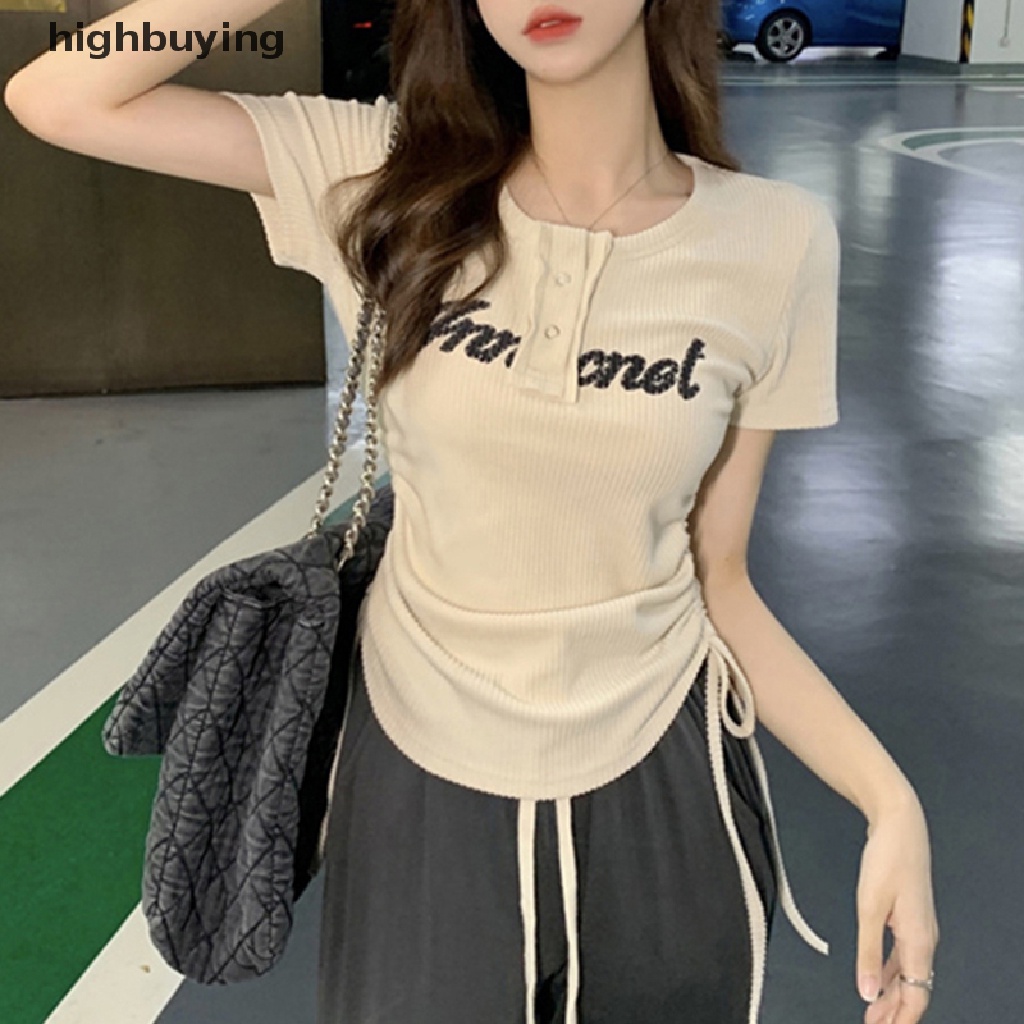 Áo Thun Ngắn Tay Cổ Tròn Dây Rút Thời Trang Nữ