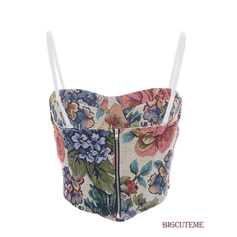 Áo Croptop Sát Nách Có Khóa Kéo In Họa Tiết Hoa Phong Cách Retro Thời Trang Mùa Hè Cho Nữ