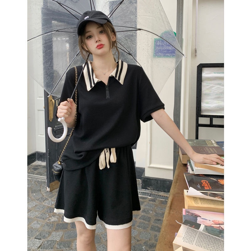 Bộ Đồ Thể Thao Áo Thun Tay Ngắn Cổ POLO Phối Quần Short Cỡ Lớn Thời Trang Mùa Hè Cho Nữ