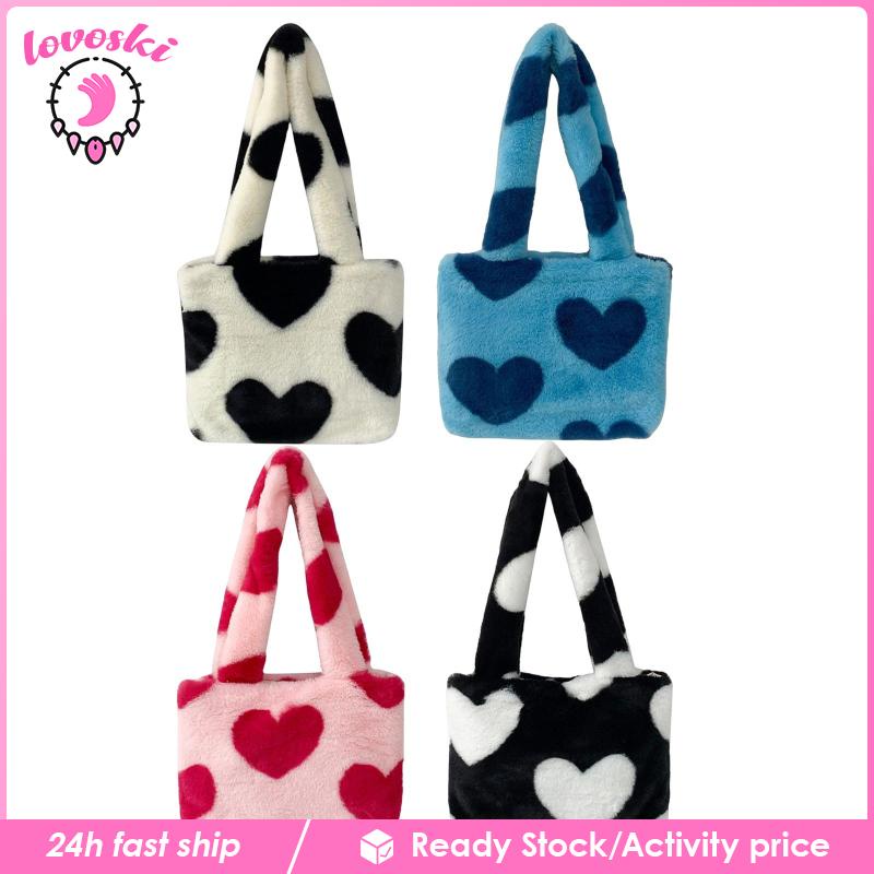 Túi Tote Đeo Vai Phủ Lông Họa Tiết Trái Tim Dễ Thương Thời Trang Cho Bạn Gái